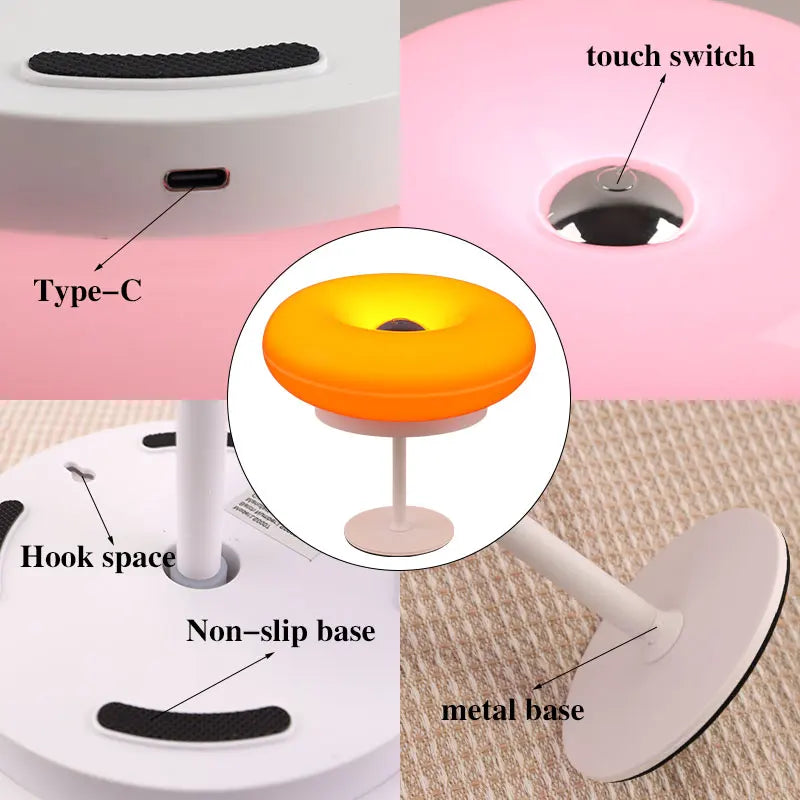 Donut Table Lamp Touch Dimmable Rechargeable LED Bedside Desk Light Home
