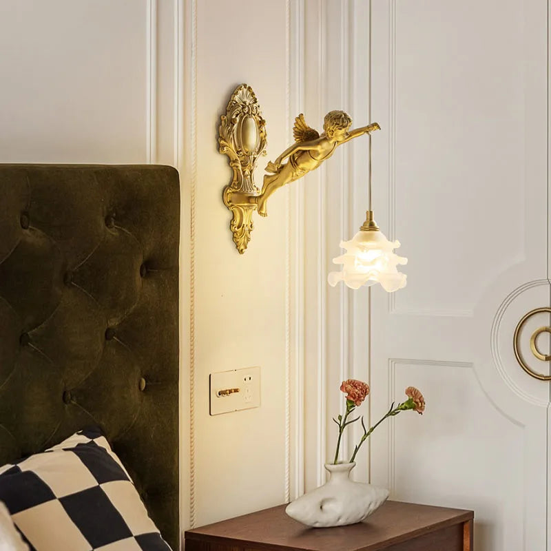 Brass Angel Wall Lamp Crystal Sconce Light Bedside Balcony Corridor Porch Decor