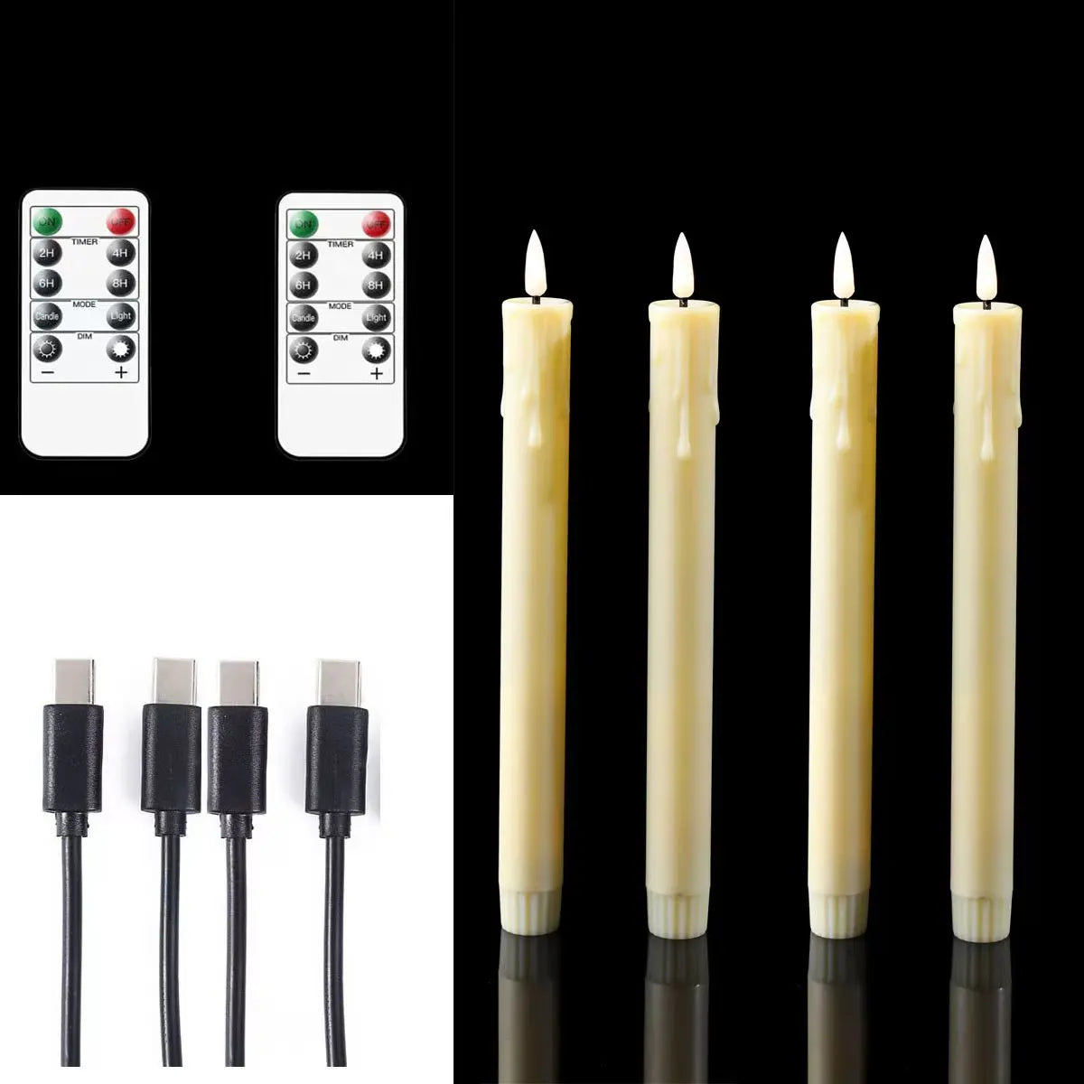 Flameless LED Taper Candles Remote USB Rechargeable Warm White 10 Inch Set