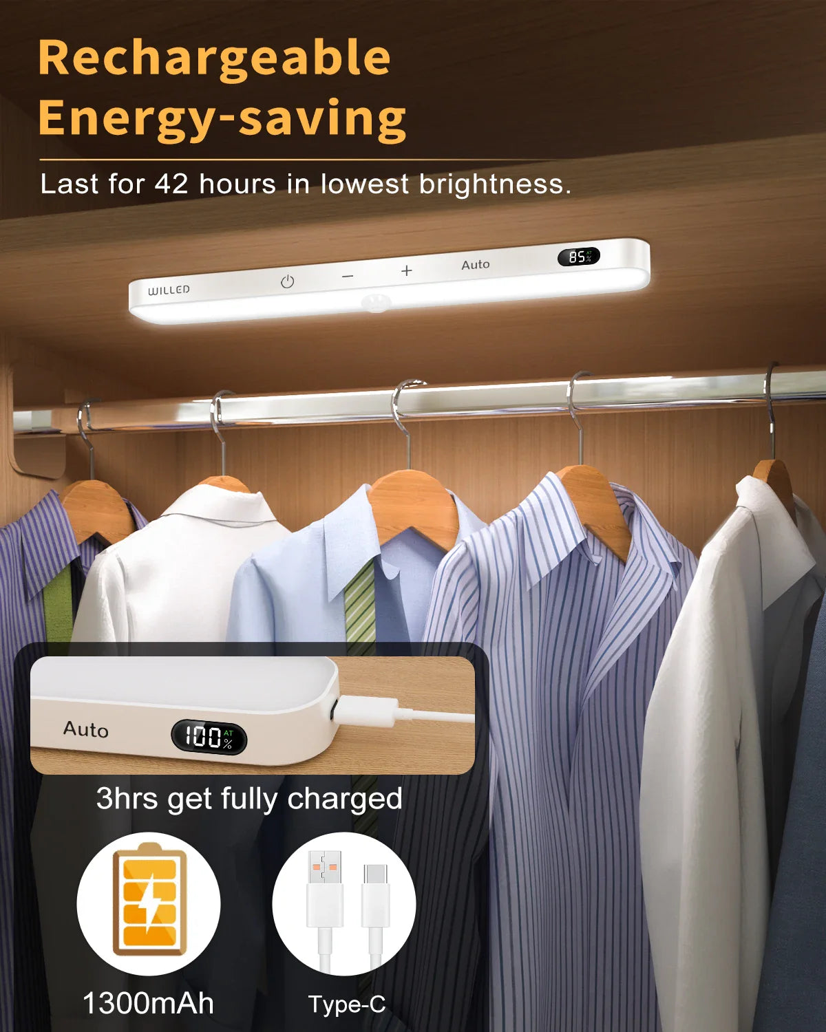 Motion Sensor LED Cabinet Light 60LED Rechargeable Wireless Under Cabinet Lamp