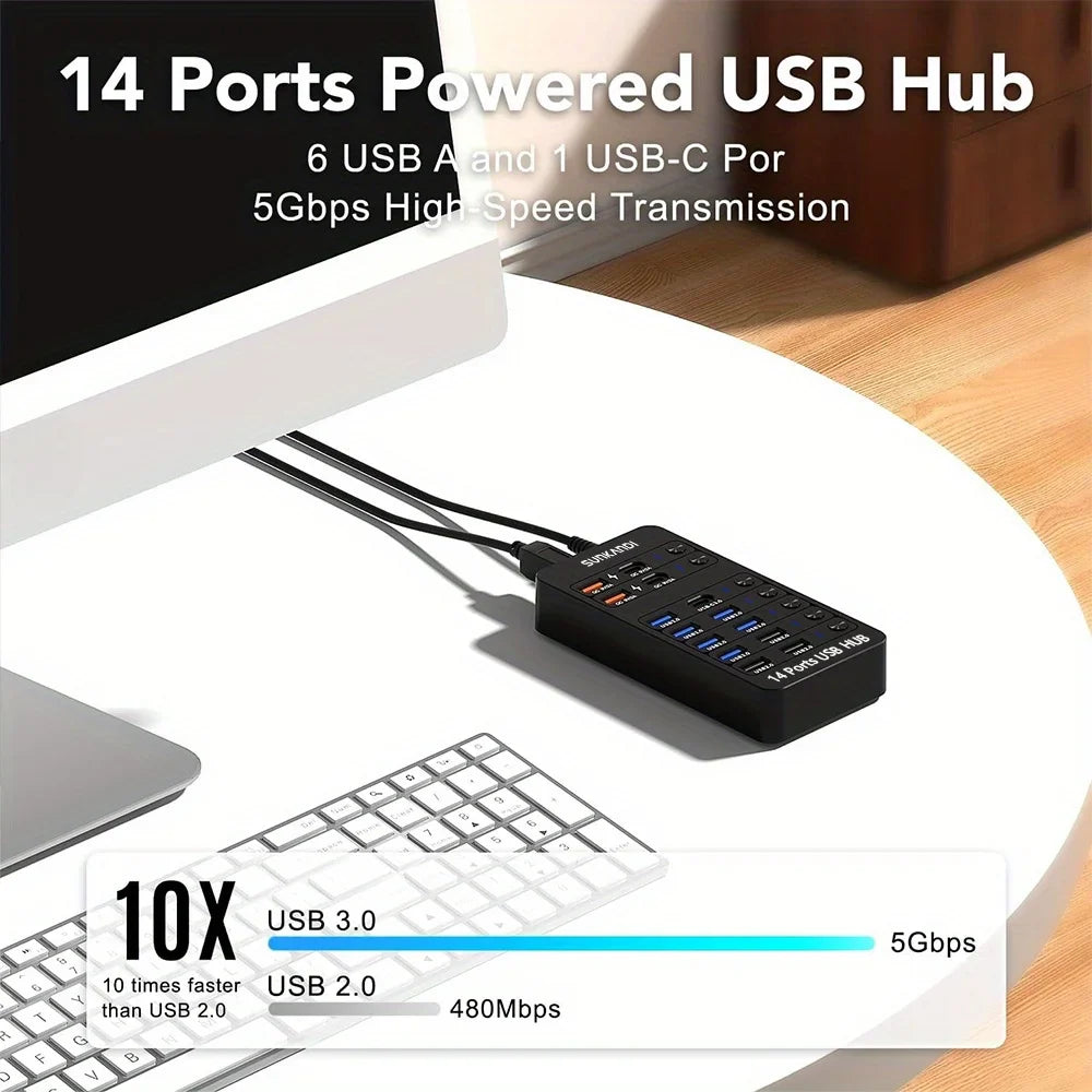 14 Port Powered USB Hub USB 3.0 USB C with Switch Charging for PC Laptop