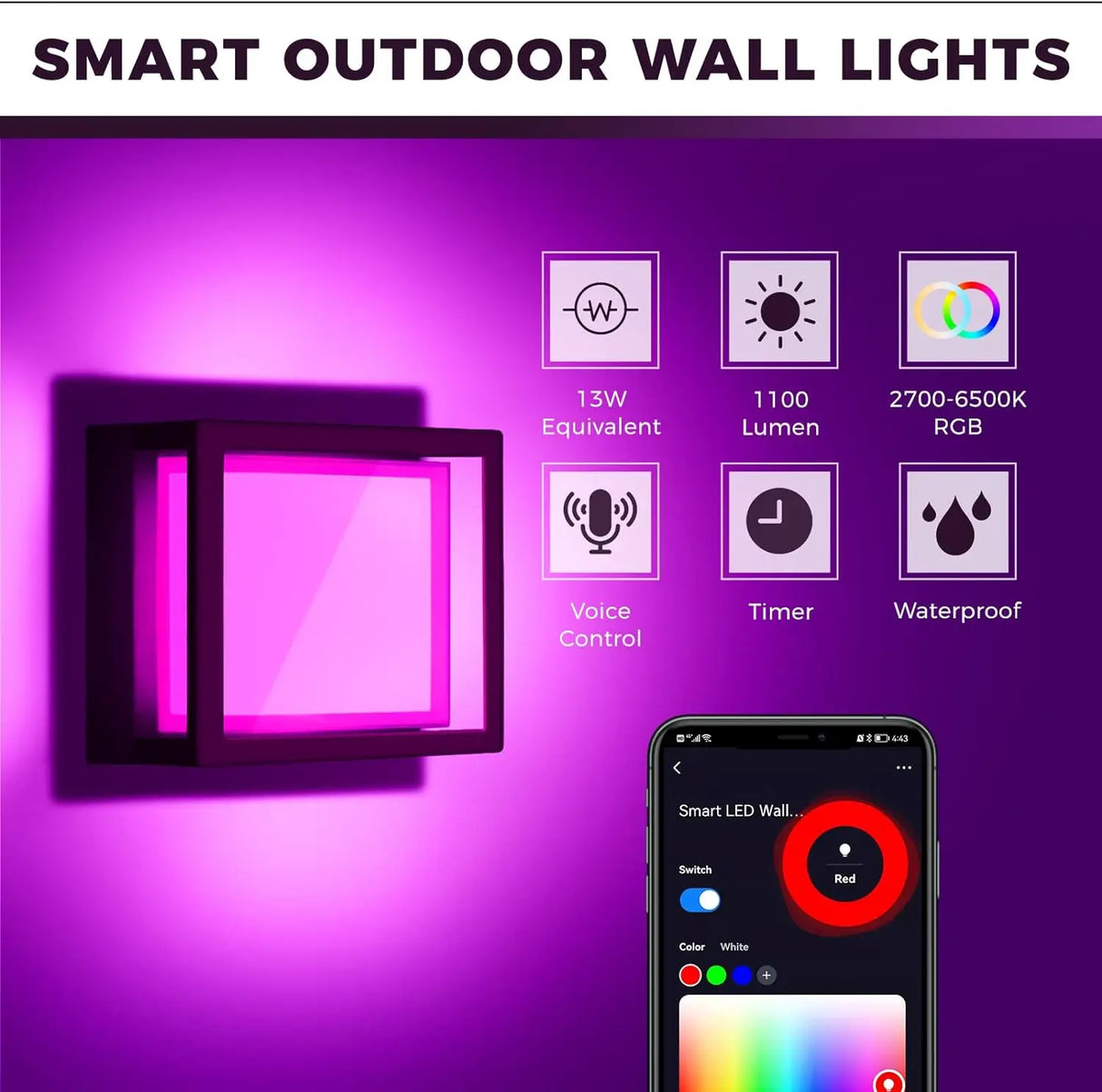WiFi Smart Outdoor LED Wall Light RGBICW 20W Waterproof Voice Control