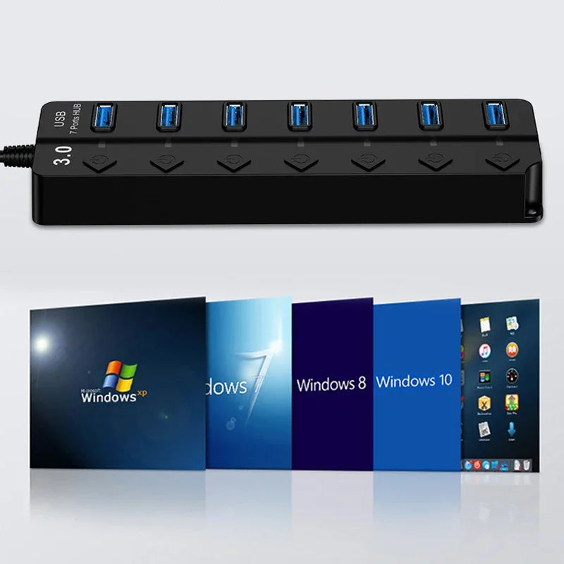 4/7-Port USB 3.0 Hub with LED Indicator Switch for Laptop Flash Drive Hard Disk