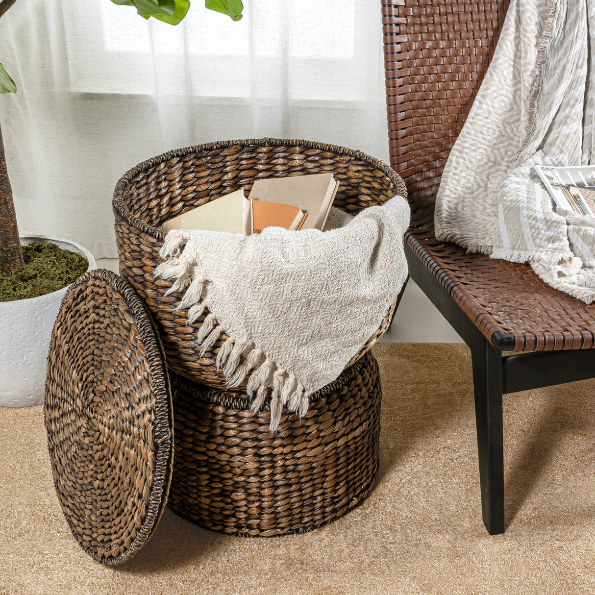 Bhola Hourglass Handwoven Hyacinth Storage Accent Table with Lid