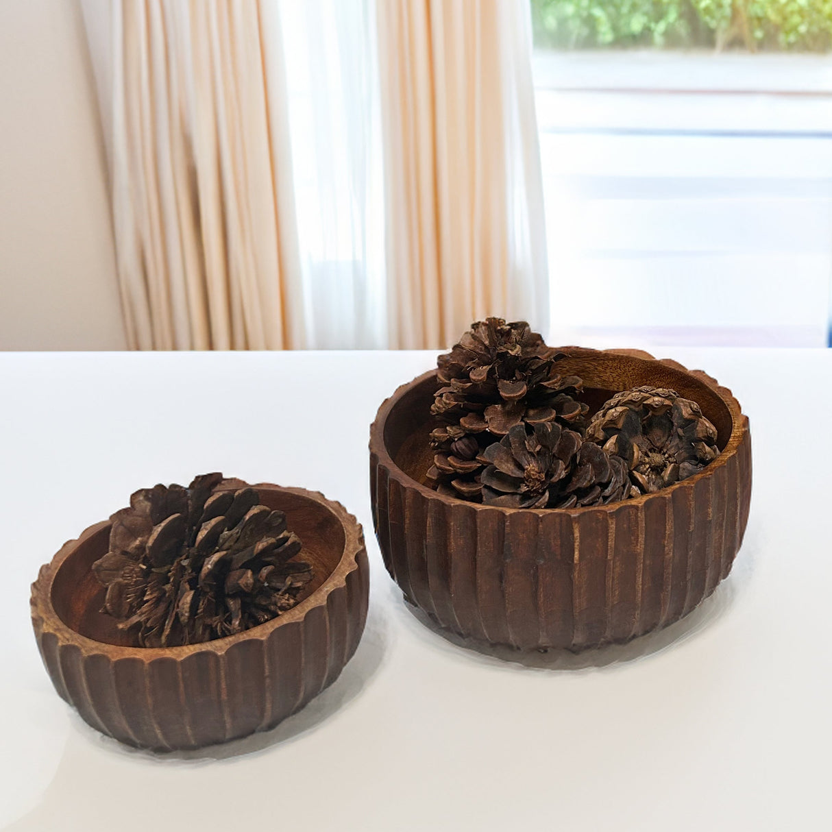 Calabash Bowl Set of 2 | Acacia Wood Serving Bowls | Hand-Carved Decorative Wooden Bowls