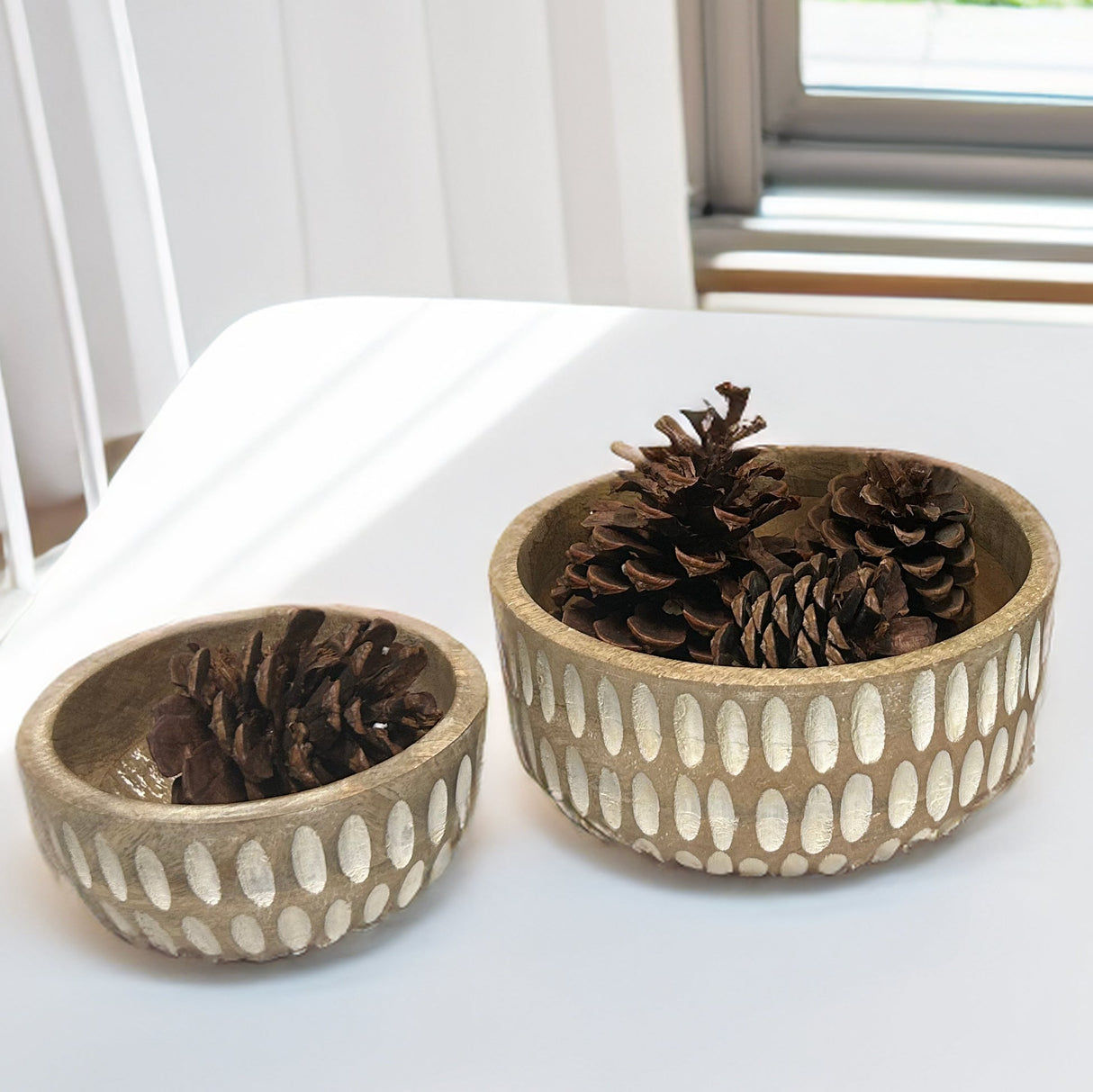 Hand-Carved Decorative Wooden Bowls | Calabash Bowl Set of 2 | Acacia Wood Serving Bowls |