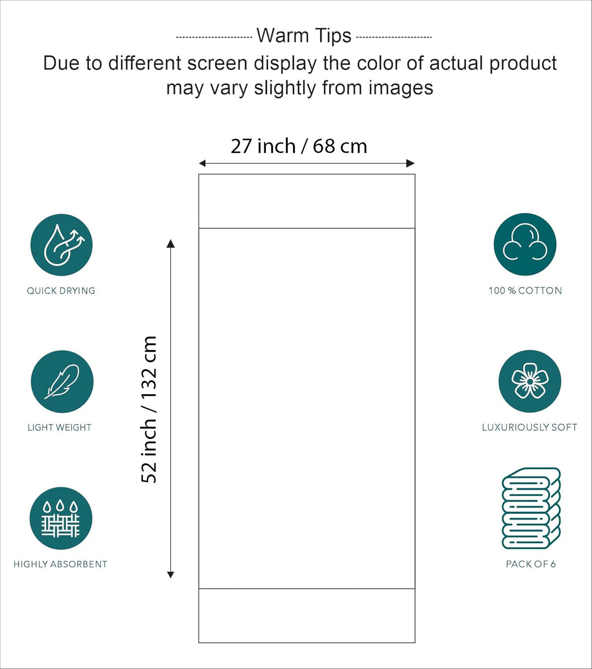 Set of 6 Hotel & Spa 100% Cotton Bath Towels 27x52 Inch