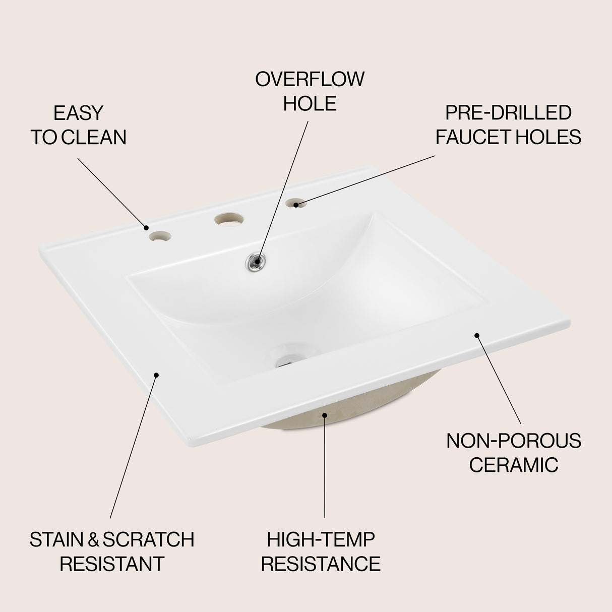 Ancillary 3-Hole Classic Contemporary Rectangular Ceramic Single Sink Basin Vanity Top