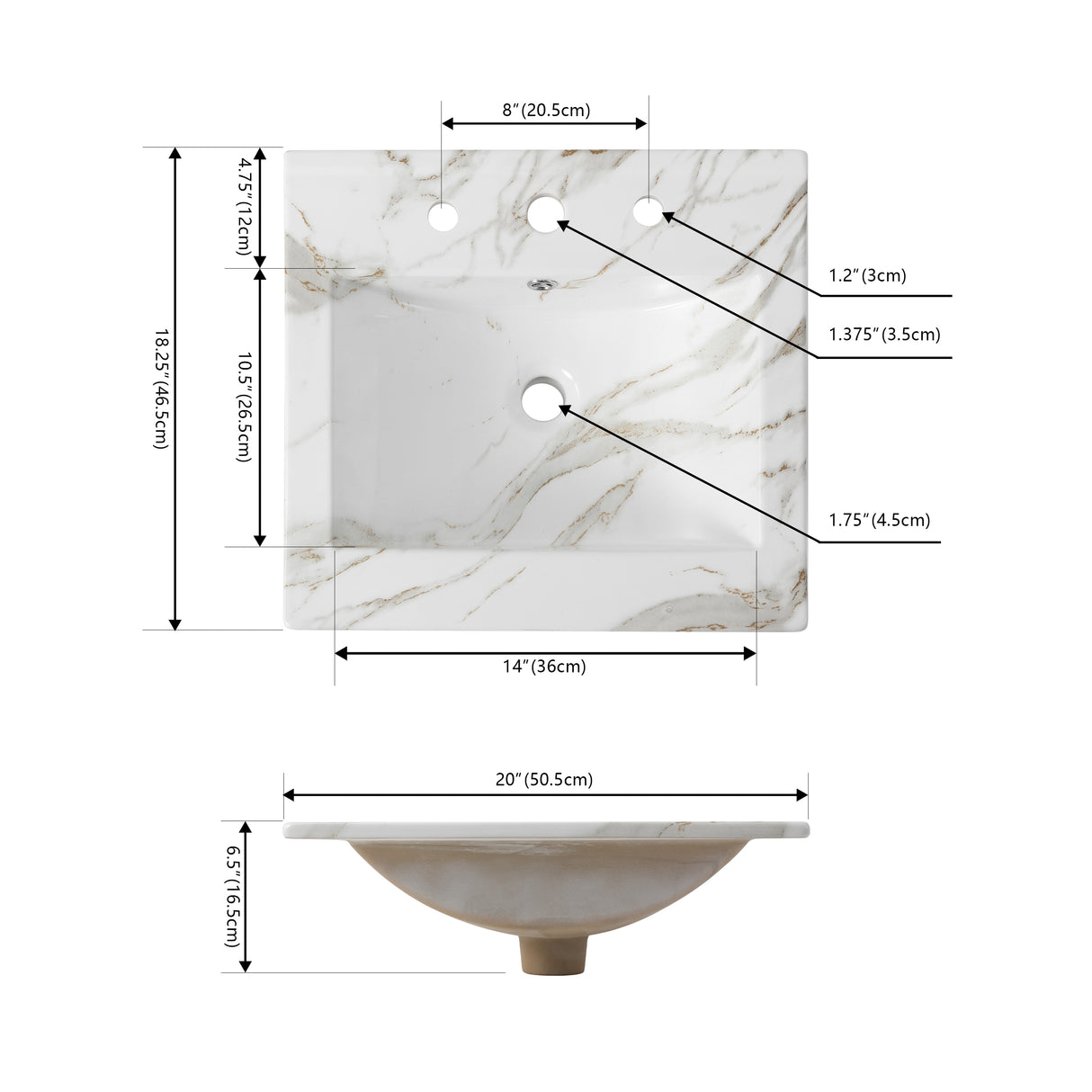 Ancillary 3-Hole Classic Contemporary Rectangular Ceramic Single Sink Basin Vanity Top