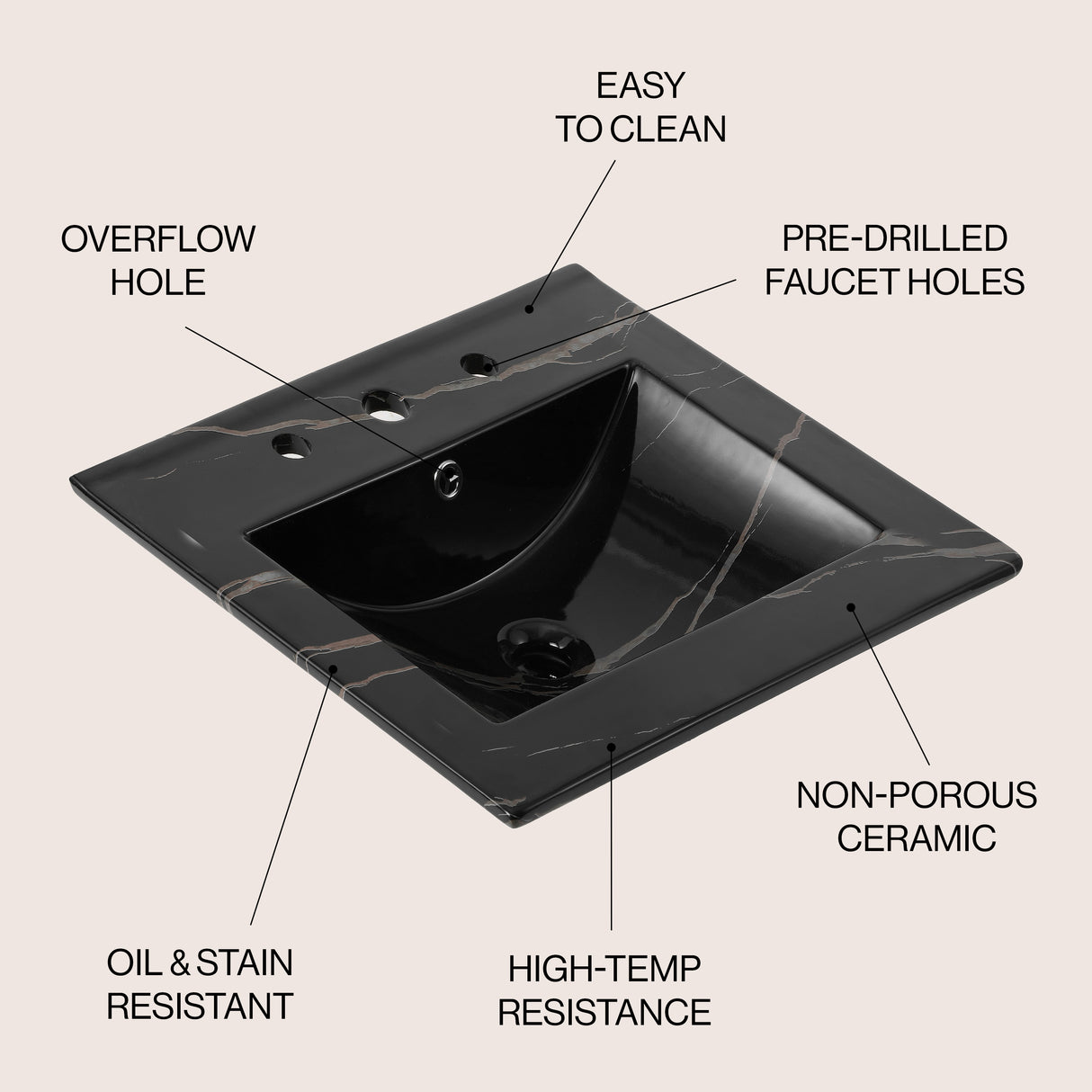 Ancillary 3-Hole Classic Contemporary Rectangular Ceramic Single Sink Basin Vanity Top