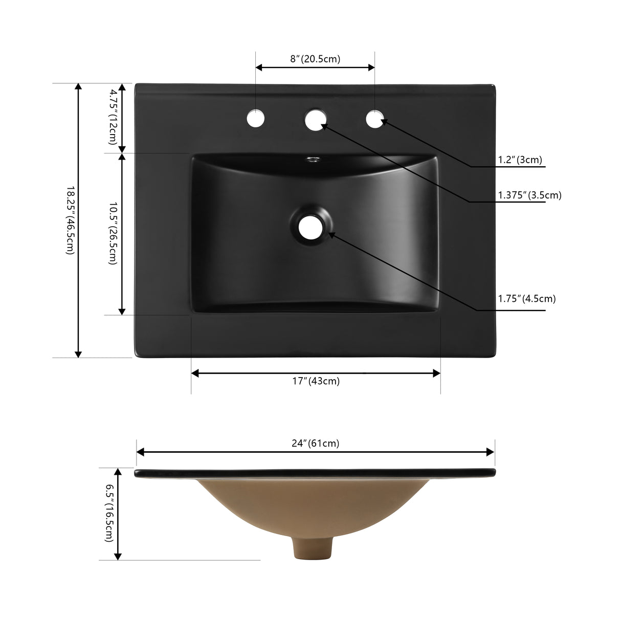 Ancillary 3-Hole Classic Contemporary Rectangular Ceramic Single Sink Basin Vanity Top