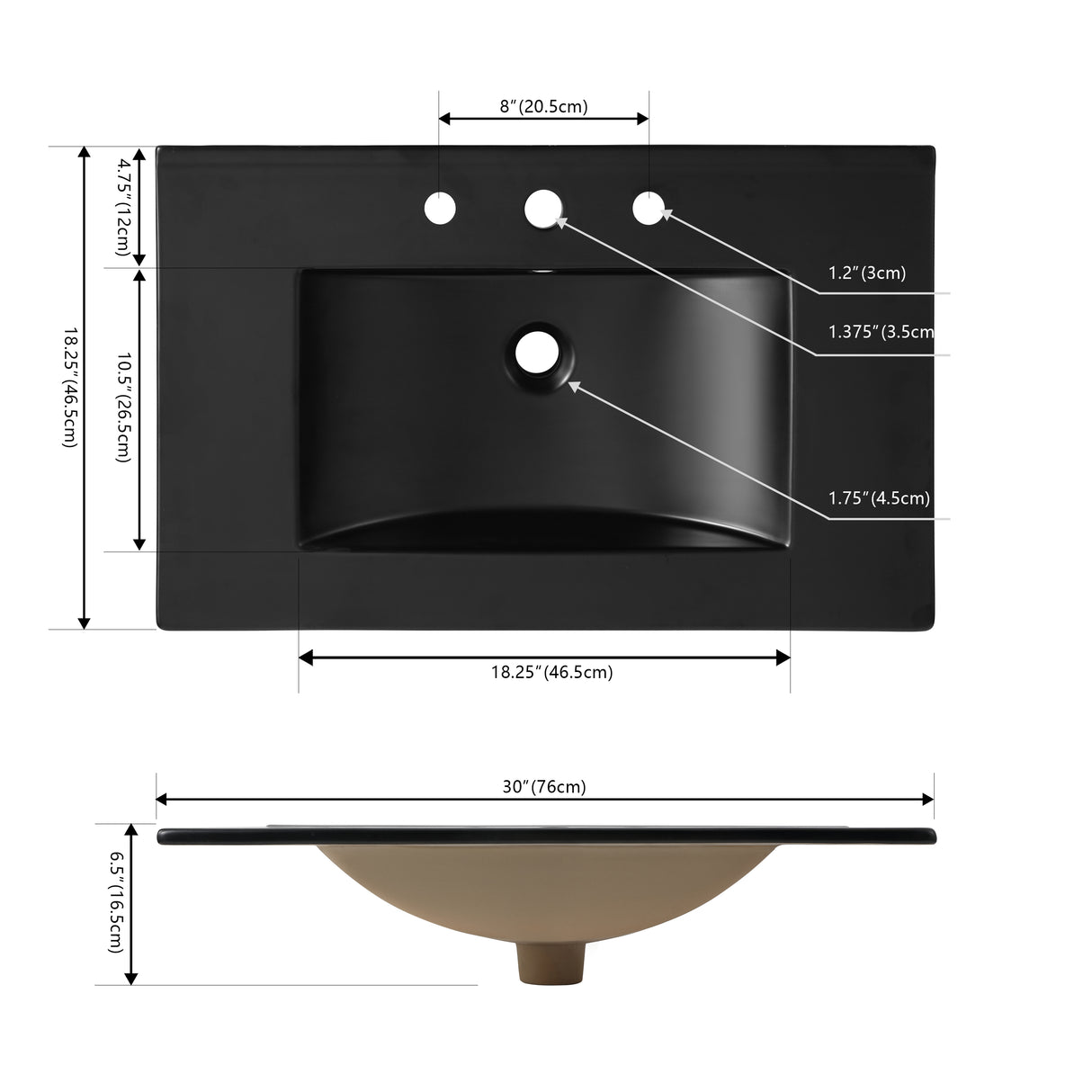 Ancillary 3-Hole Classic Contemporary Rectangular Ceramic Single Sink Basin Vanity Top
