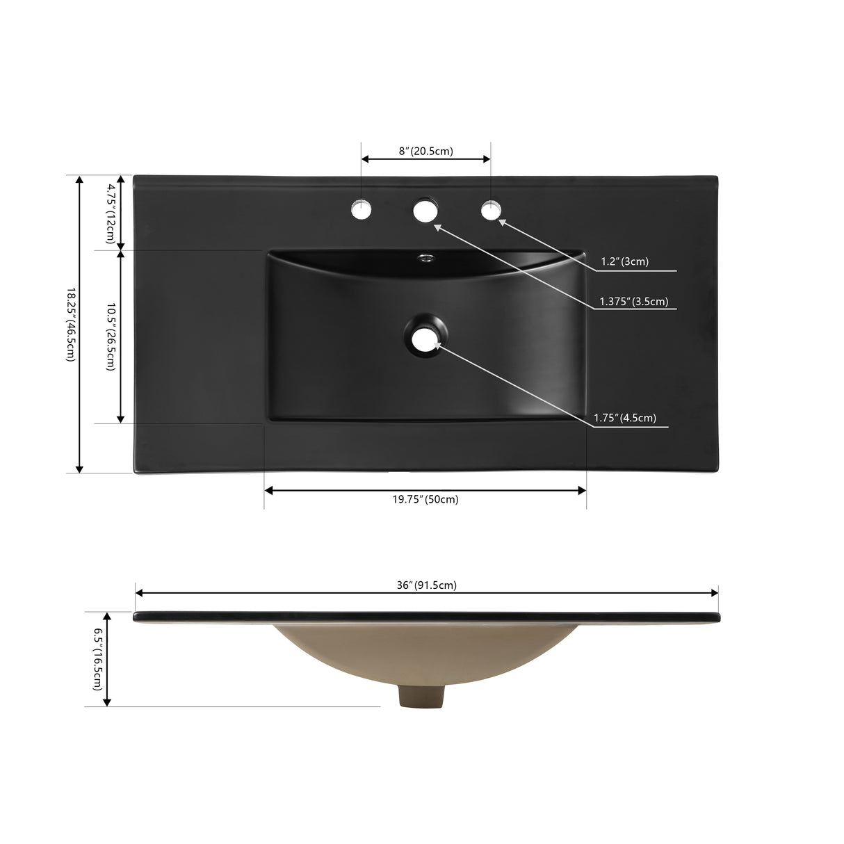 Ancillary 3-Hole Classic Contemporary Rectangular Ceramic Single Sink Basin Vanity Top