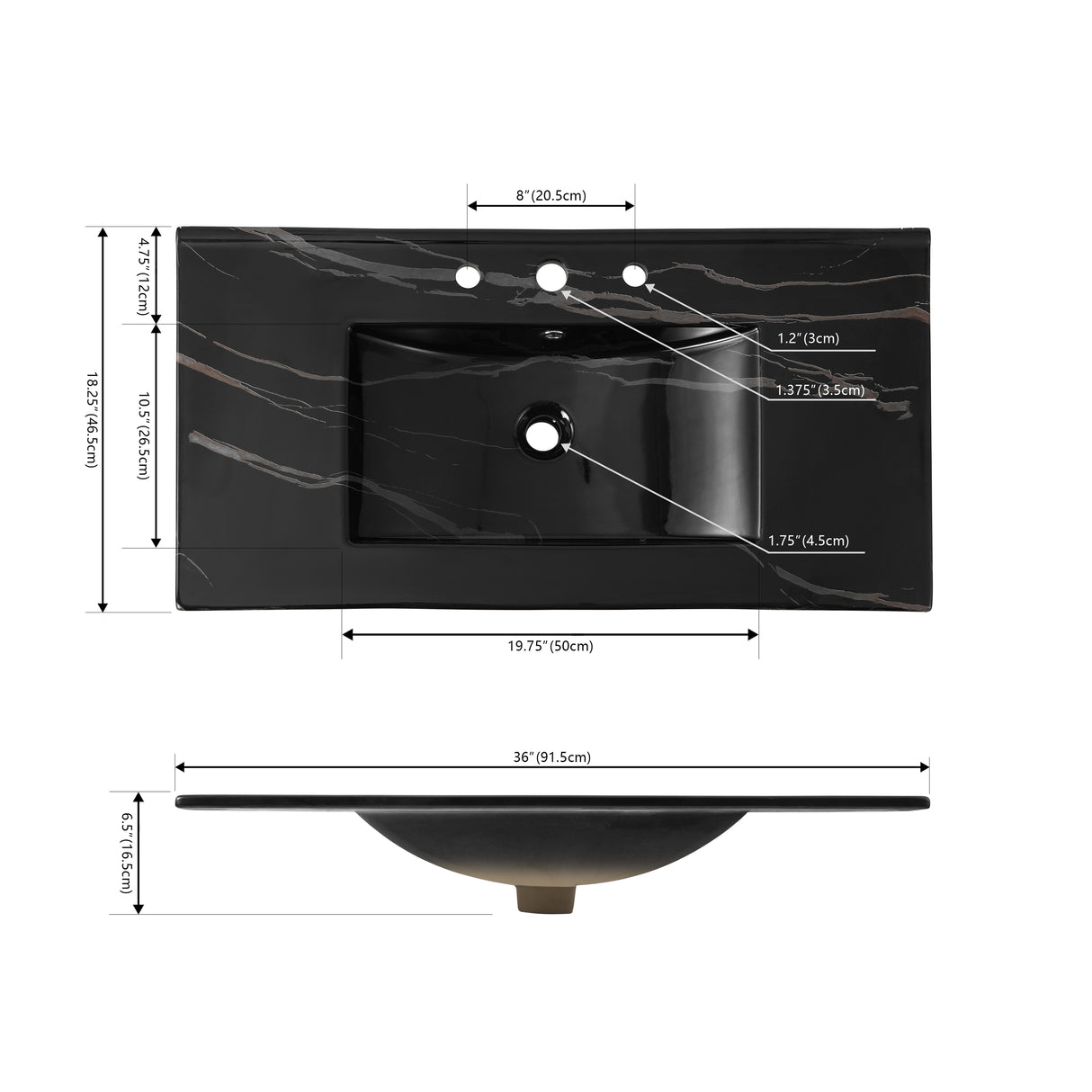Ancillary 3-Hole Classic Contemporary Rectangular Ceramic Single Sink Basin Vanity Top