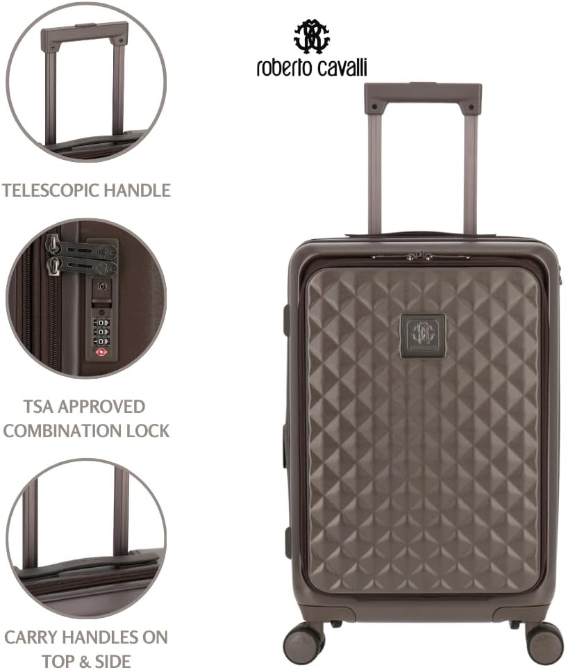 ROBERTO CAVALLI 20-Inch Luxury Carry-On Luggage – Hardshell Spinner Suitcase with Front Laptop Compartment, TSA Lock & Expandable Design