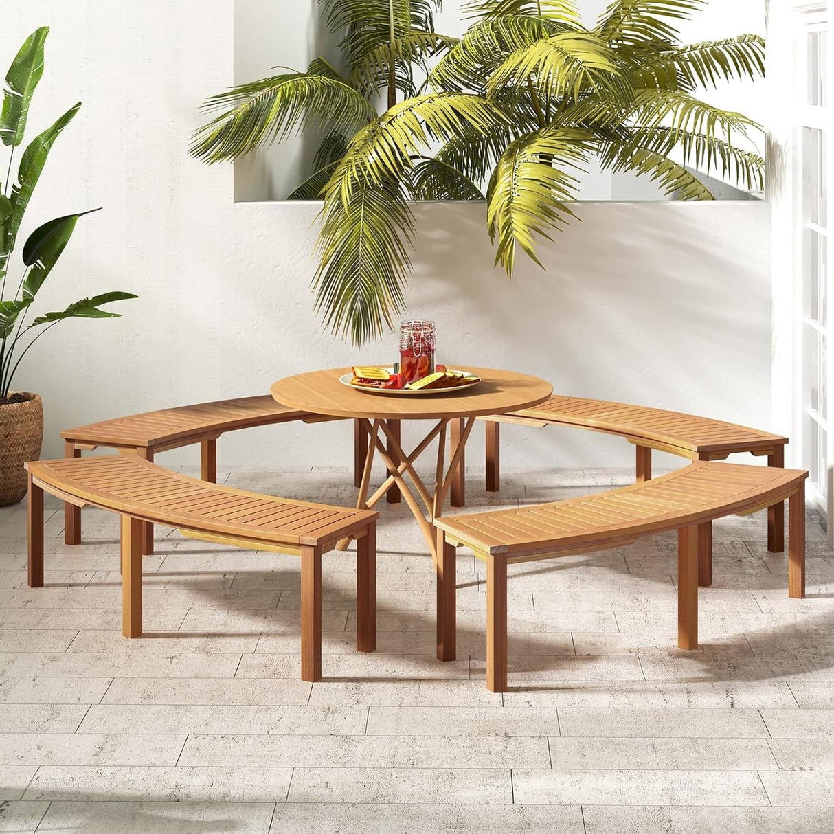 Set of 2 - Outdoor Backless Wooden Garden Bench with Modern Arch Design