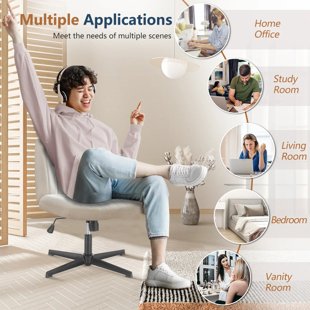 Cross Legged Office Chair Armless Wide Seat Swivel Fabric Desk Vanity Chair