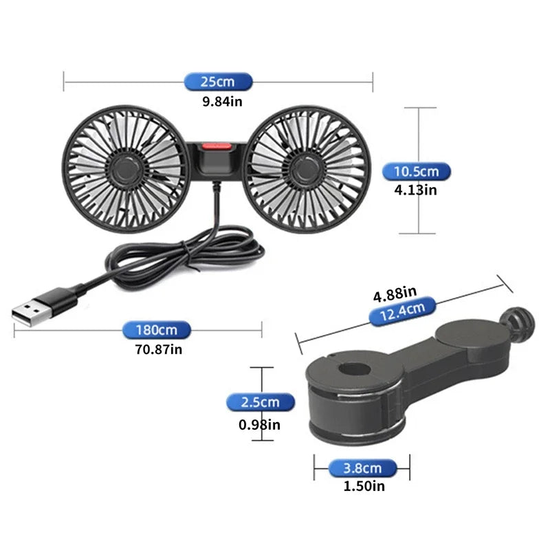 Dual Head USB Car Fan 3-Speed 360° Adjustable Portable