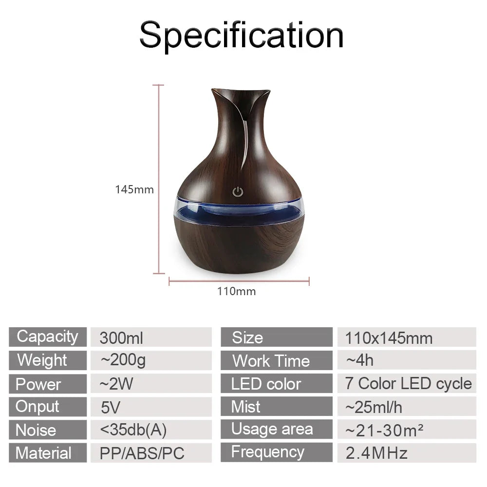 Aromatherapy Diffuser 300ml Cool Mist Humidifier 7-Color LED USB Rechargeable