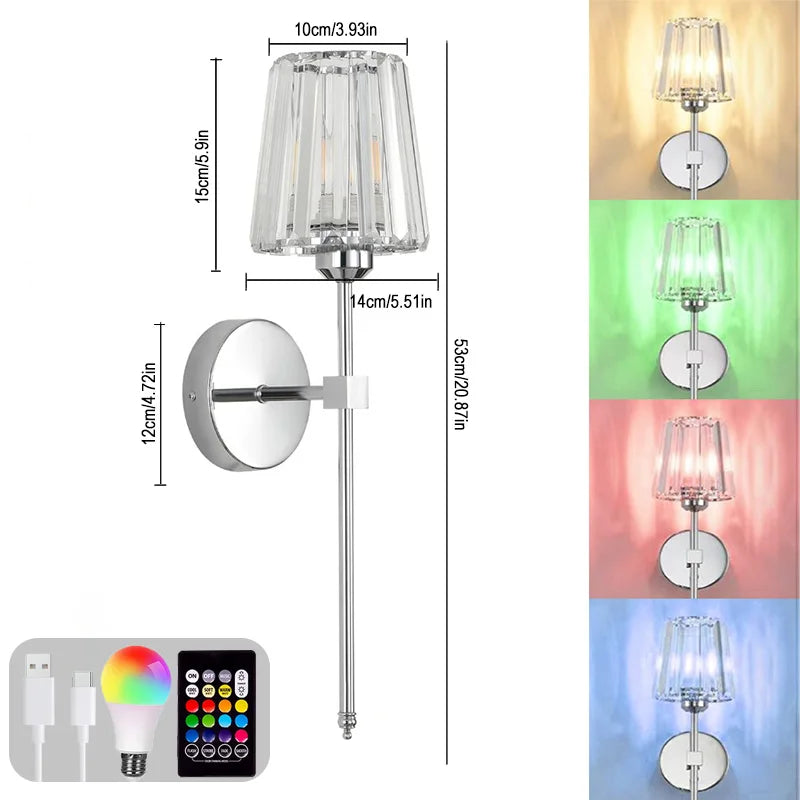 Crystal Wall Lamp 1/2PCS – RGB Dimmable Wireless Sconce with Remote for Bedroom