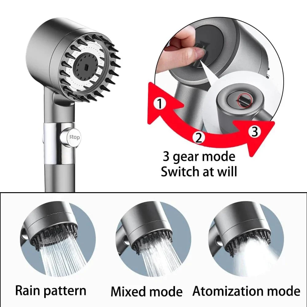 High Pressure Handheld Shower Head 3 Modes Filter Spa Spray with ON/OFF Water Save