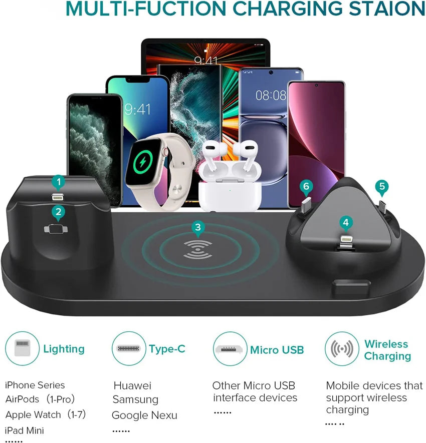 6-in-1 Wireless Charging Station Fast Charger Dock for iPhone 15 14 13 Pro Max