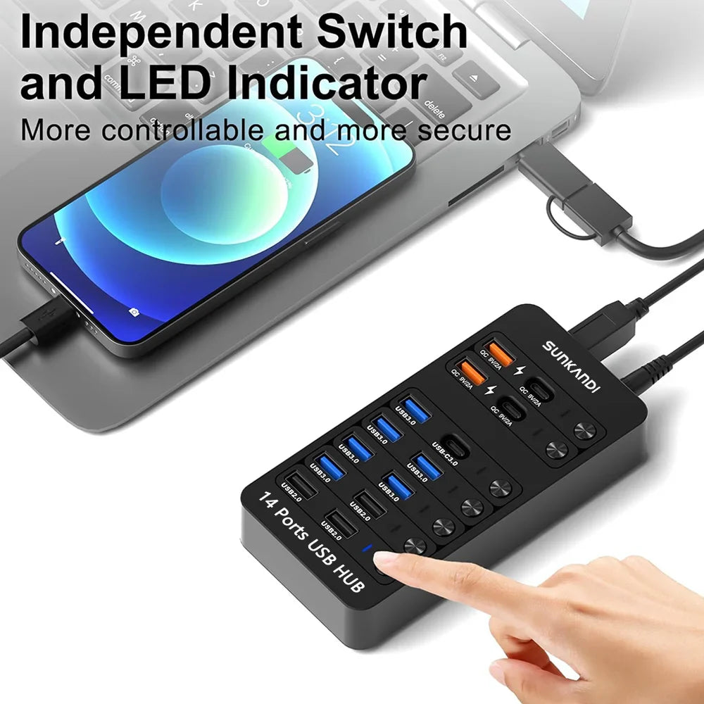 14 Port Powered USB Hub USB 3.0 USB C with Switch Charging for PC Laptop