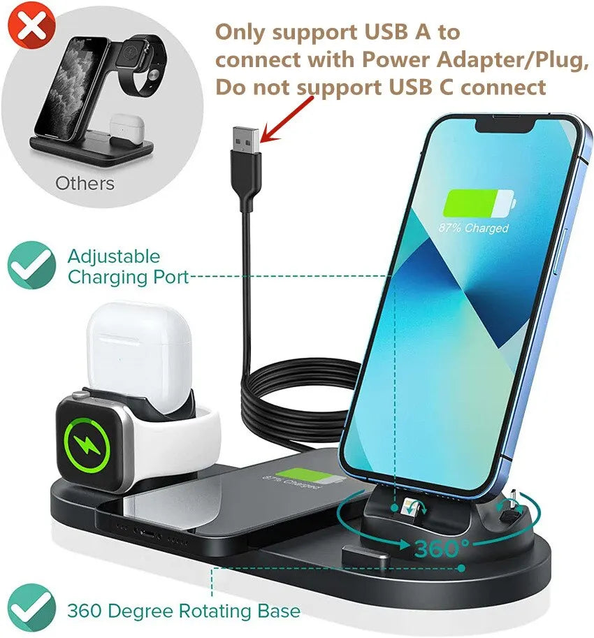 6-in-1 Wireless Charging Station Fast Charger Dock for iPhone 15 14 13 Pro Max