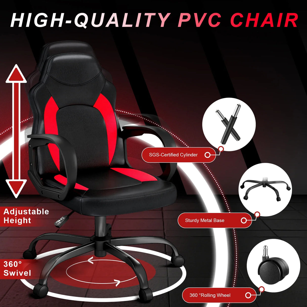 Ergonomic PU Leather Gaming Chair Swivel Adjustable Office Desk Chair Red