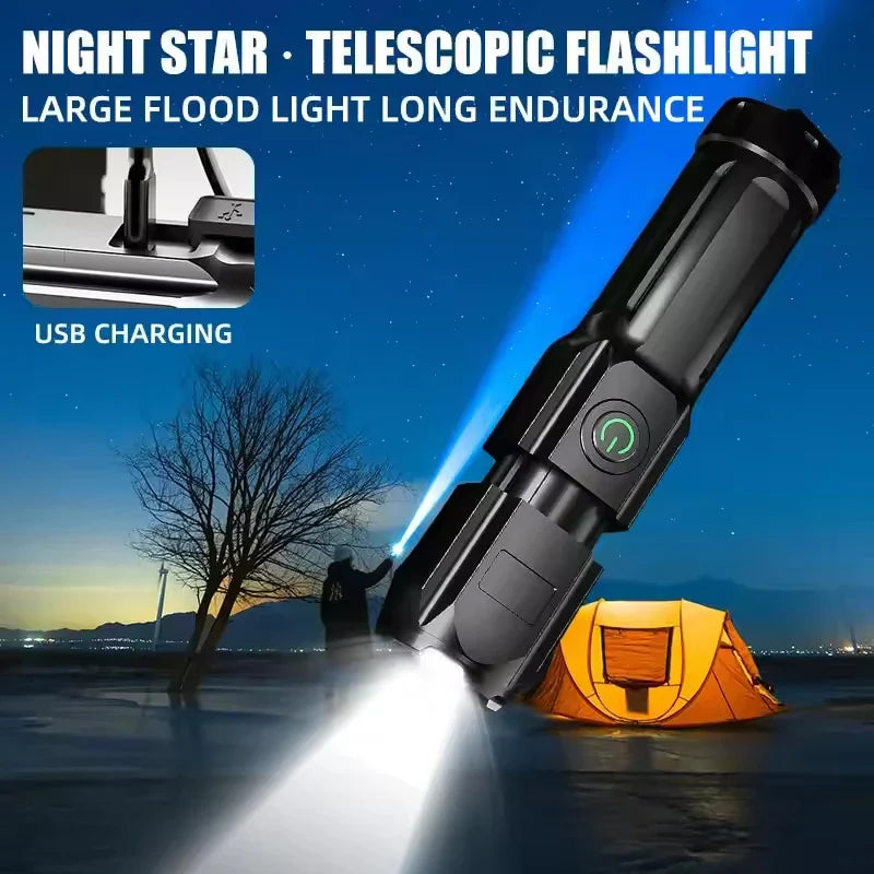 LED Camping Flashlight Rechargeable USB Zoom Spotlight Waterproof Outdoor