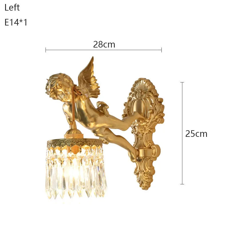 Brass Angel Wall Lamp Crystal Sconce Light Bedside Balcony Corridor Porch Decor