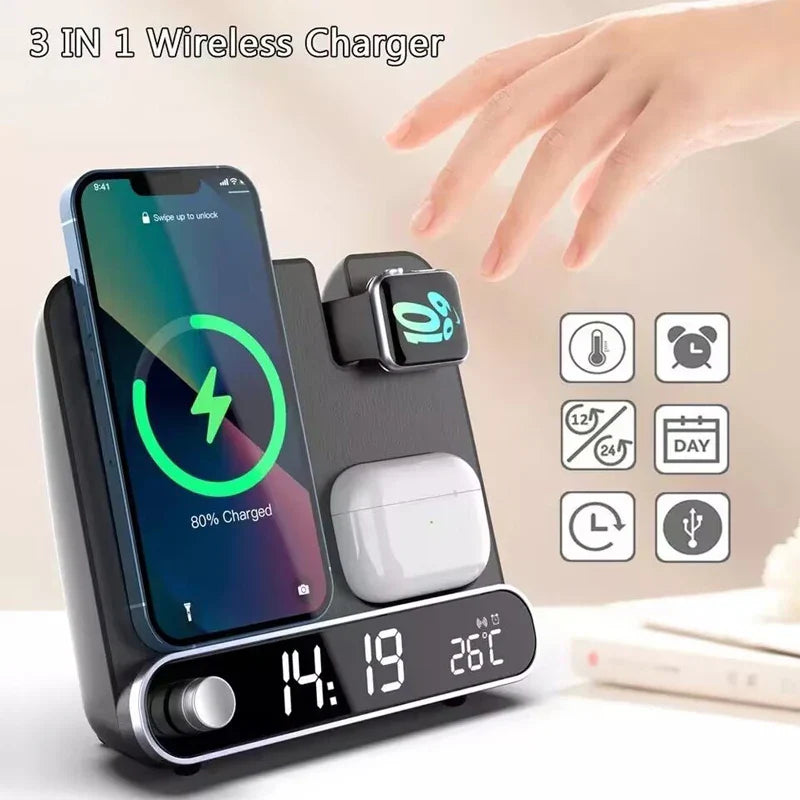 3-in-1 Wireless Charging Station with Alarm Clock Fast Charger for iPhone & Watch