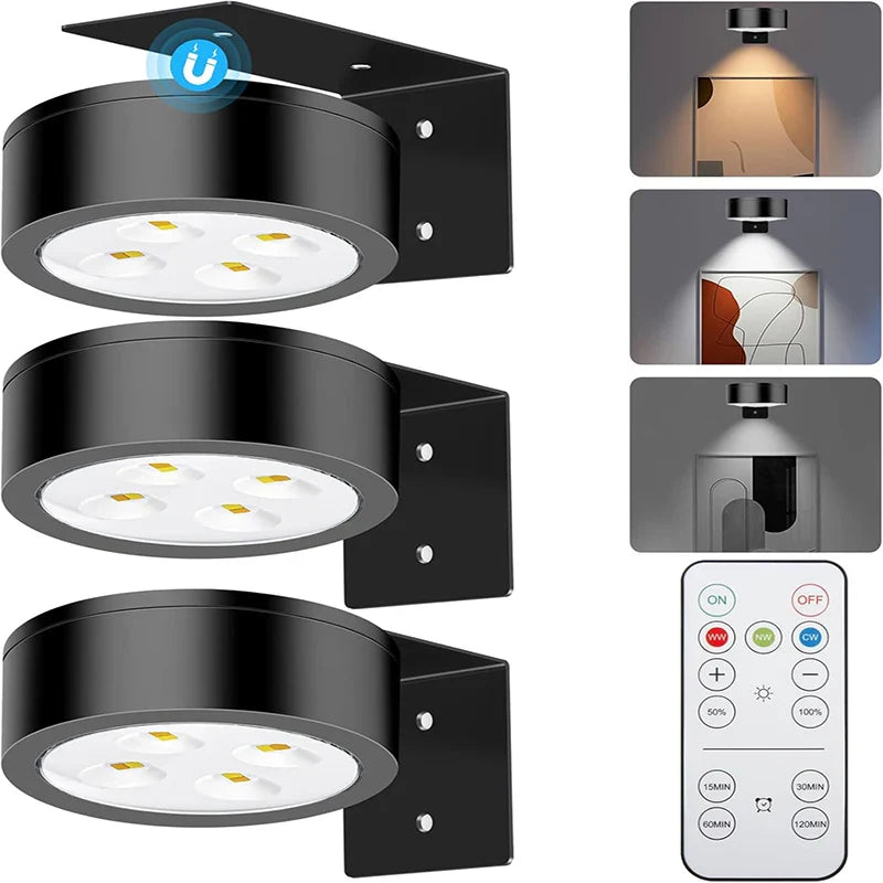 3 Pack Magnetic Picture Lights with Remote Dimmable Battery Art Wall Lights