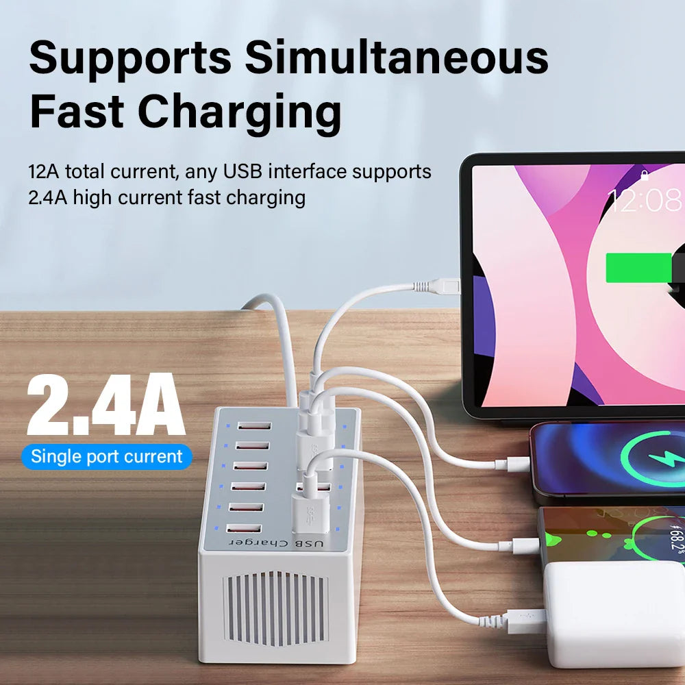 12 Port USB Charging Station Dock Fast Power Adapter for Phone Tablet Laptop