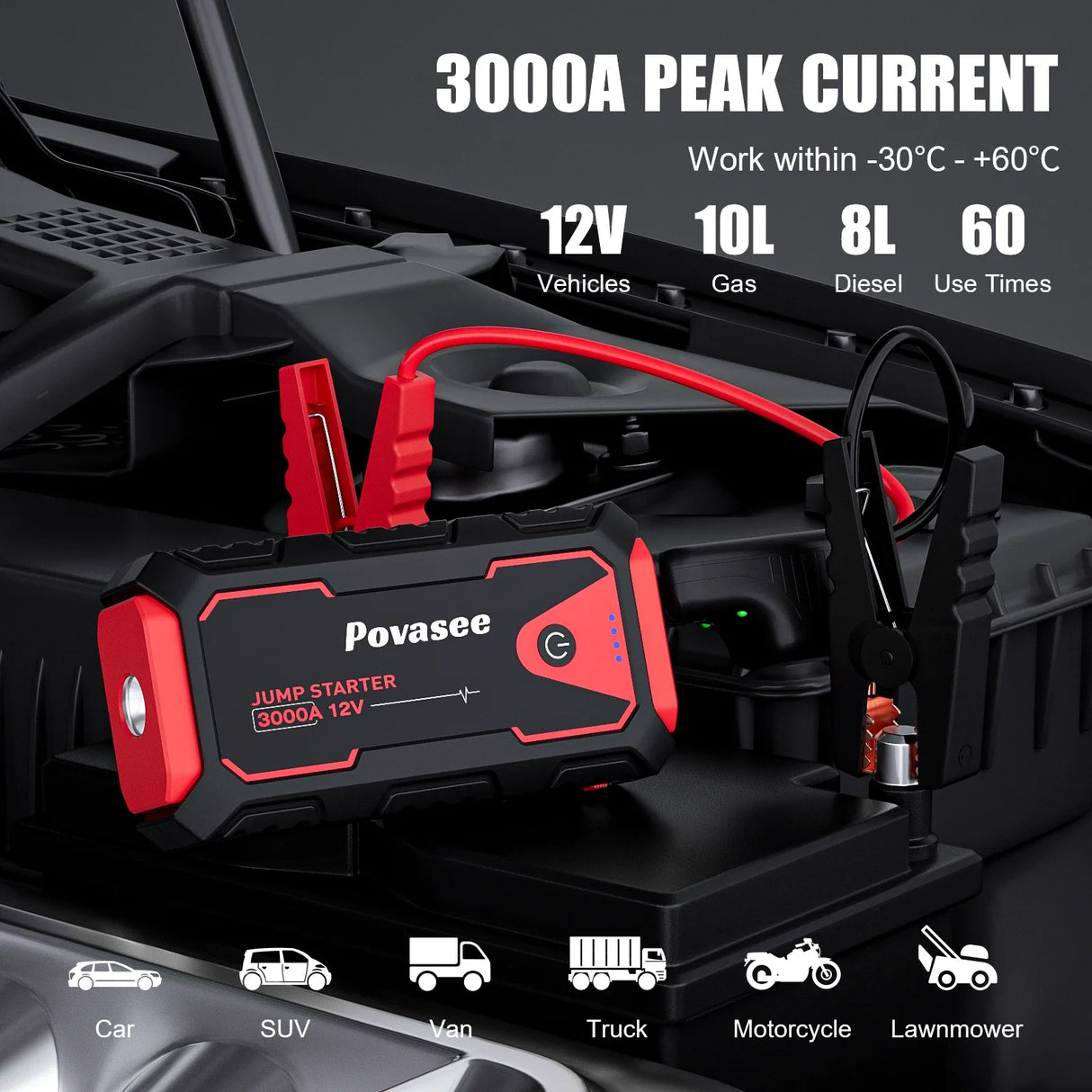 3000A Car Jump Starter 12V Portable Battery Booster with Power Bank & LED Light