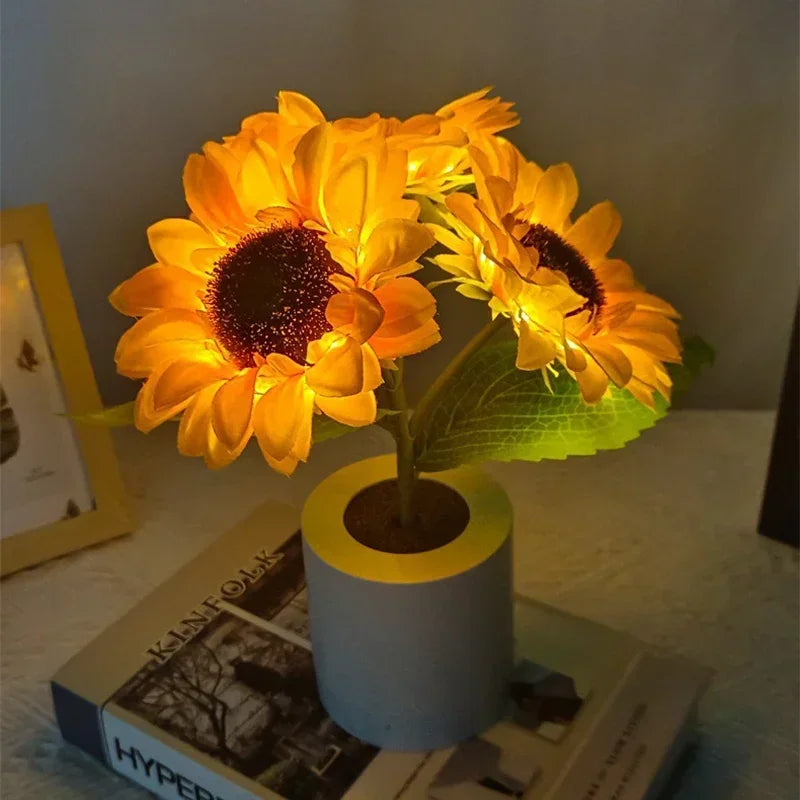 3 LED Sunflower Night Light Rechargeable Table Lamp Bedroom Bedside Decor Lamp