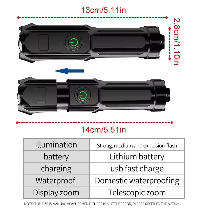 LED Camping Flashlight Rechargeable USB Zoom Spotlight Waterproof Outdoor