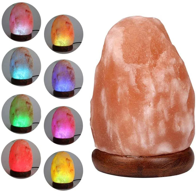 Himalayan Salt Lamp 7 Color USB Night Light Wooden Base Table Lamp for Bedroom