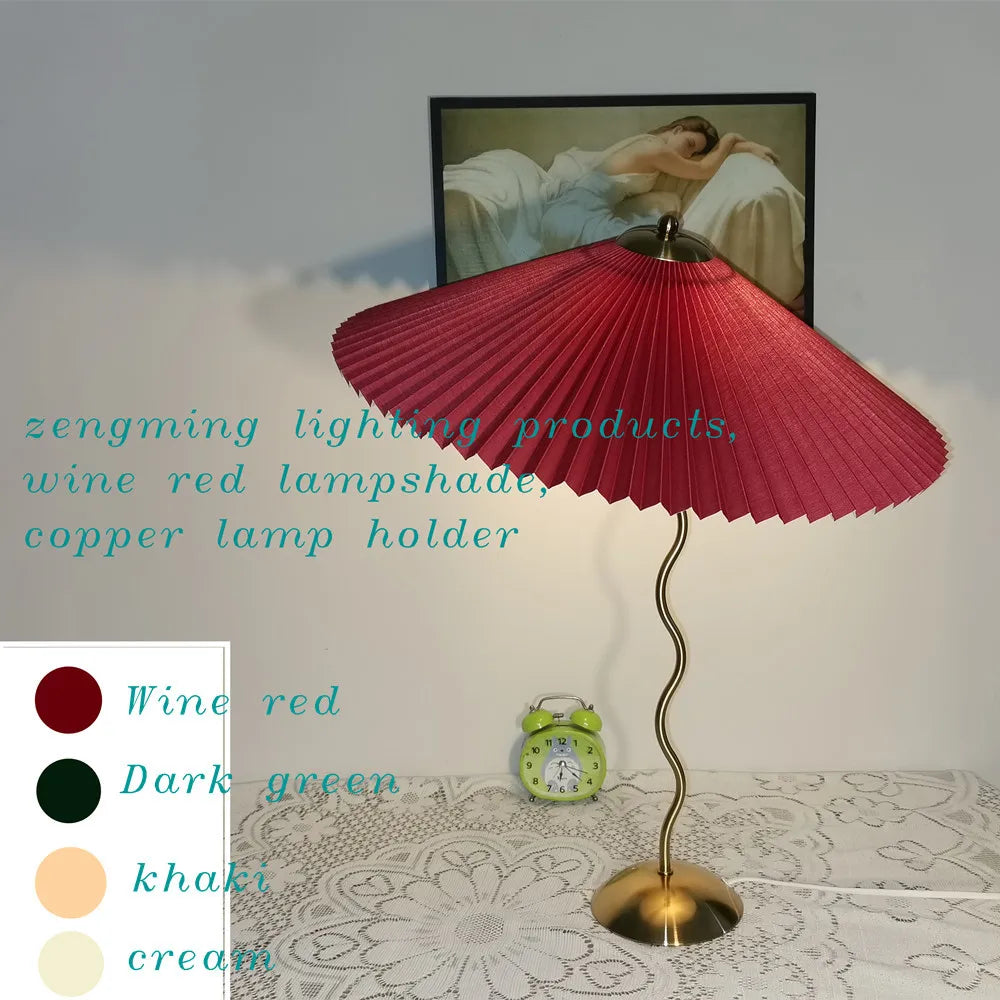 Vintage Pleated Table Lamp Umbrella Squiggle Bedside Night Light Living Room