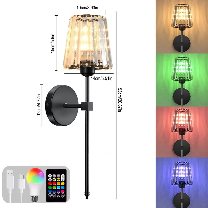 Crystal Wall Lamp 1/2PCS – RGB Dimmable Wireless Sconce with Remote for Bedroom