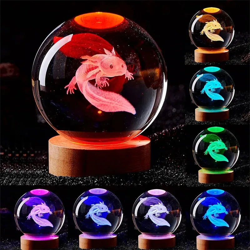 3D Axolotl Crystal Ball Night Light LED Laser Engraved Cute Gift Decor