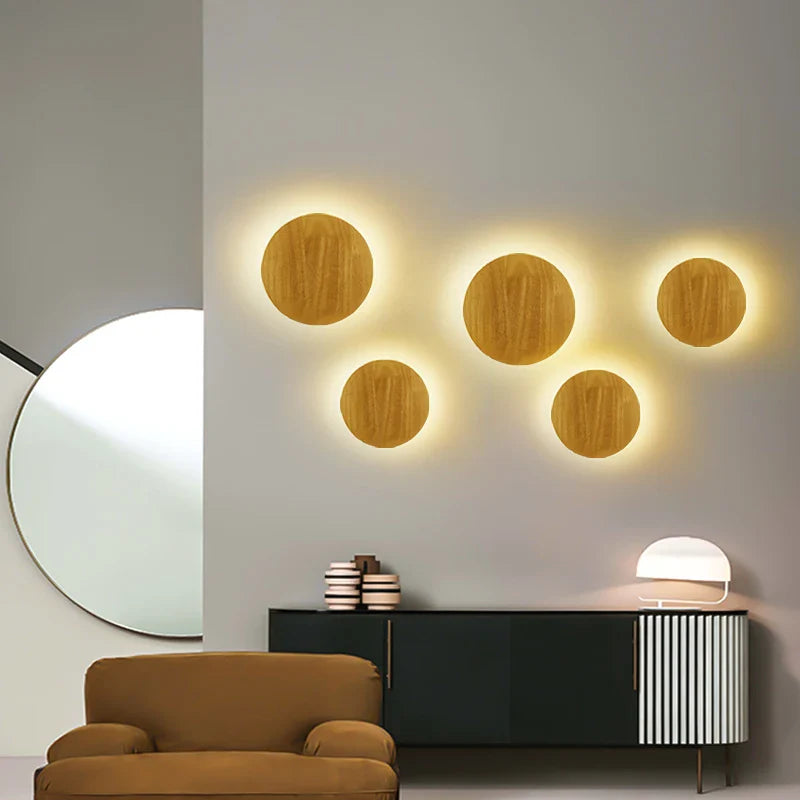 Nordic LED Wall Light Circular Wooden Modern Bedside Bedroom Staircase Sconce