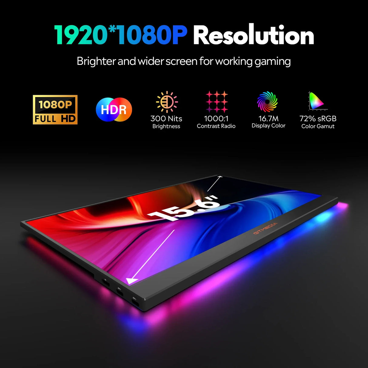 15.6" Portable Monitor GTMEDIA S15 FHD USB-C HDMI Laptop PC Gaming Second Screen