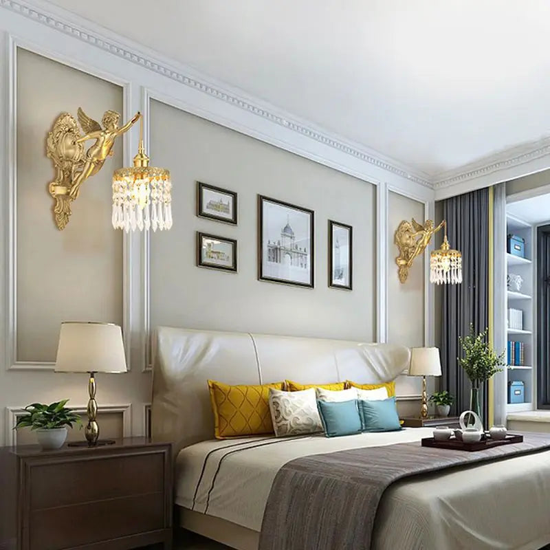 Brass Angel Wall Lamp Crystal Sconce Light Bedside Balcony Corridor Porch Decor