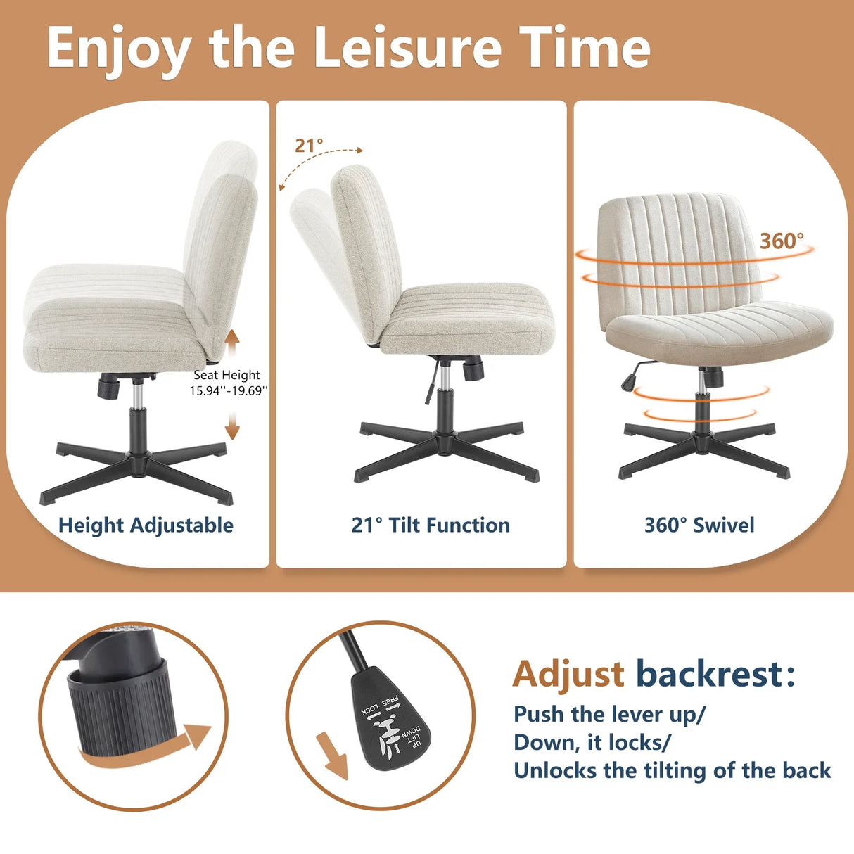 Cross Legged Office Chair Armless Wide Seat Swivel Fabric Desk Vanity Chair