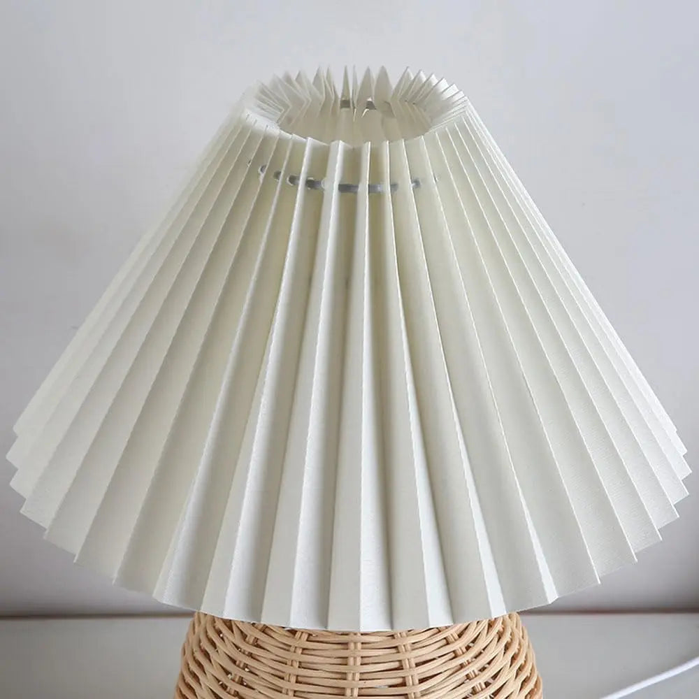 Pleated Fabric Bedside Table Lamp USB LED Light Retro Rattan Shade for Home Decor