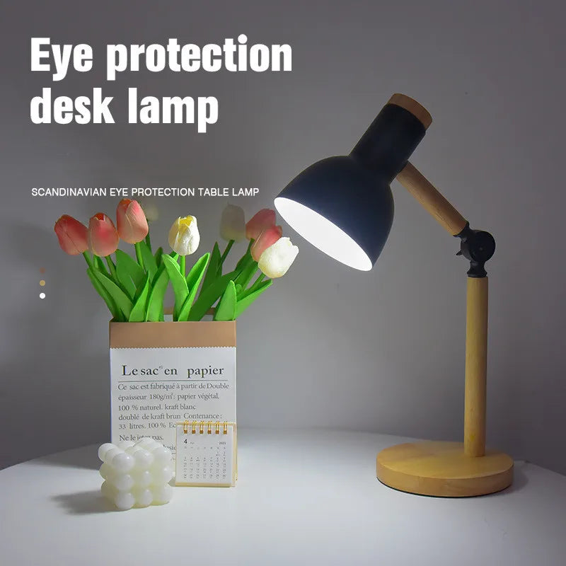 Nordic Wood Table Lamp Eye Care E27 Desk Light Adjustable Bedside Reading Lamp