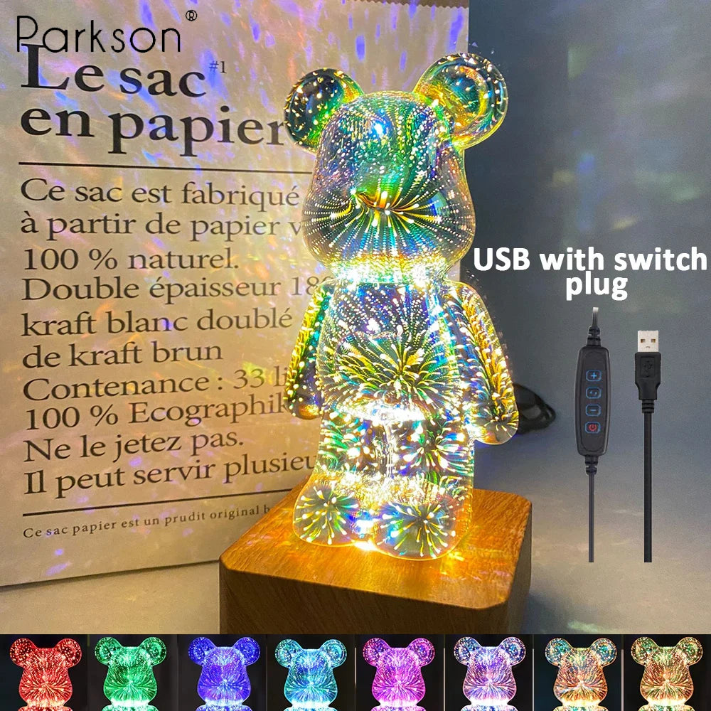 3D Bear Fireworks LED Night Light USB Dimmable Projector Bedroom Decor