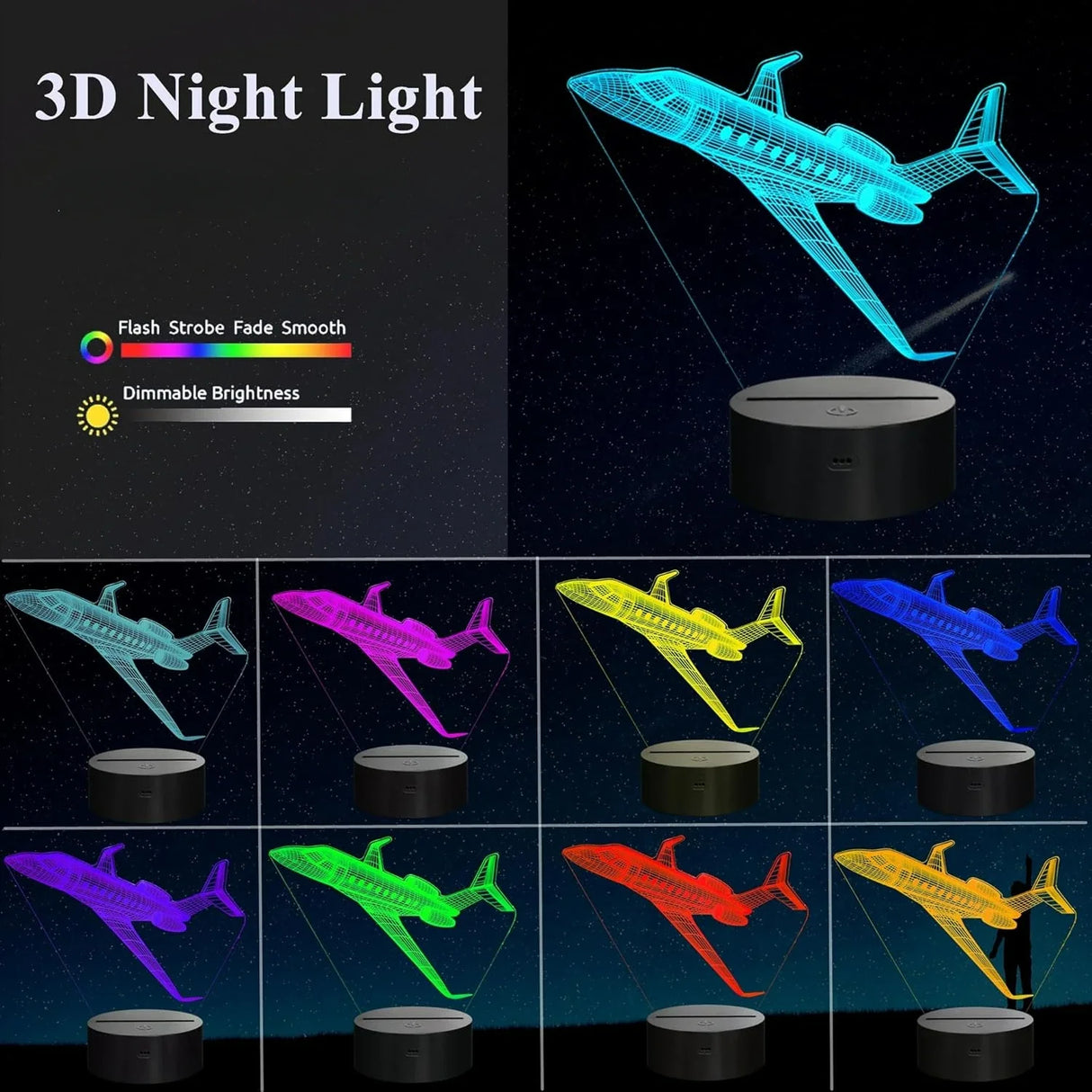Airplane 3D LED Night Light Kids Bedroom Illusion Lamp USB Bedside Table Decor