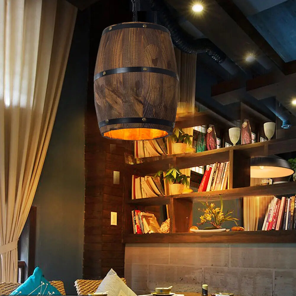 Vintage Wine Barrel Pendant Light Rustic Wooden Ceiling Lamp for Bar Cafe